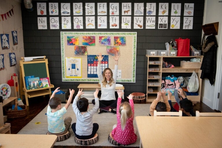 A teacher sits cross-legged on the floor, smiling with raised hands, leading a group of five young children who are mirroring her pose in a classroom. The room is decorated with colorful alphabet posters, artwork, and educational materials, showcasing effective childcare solutions in action.