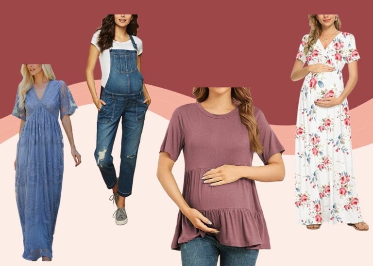 A selection of maternity outfits is displayed against a stylized background. The maternity clothes on Amazon include a blue lace dress, denim overalls with a white shirt, a casual mauve top with jeans, and a white floral dress. The models' faces are not visible.