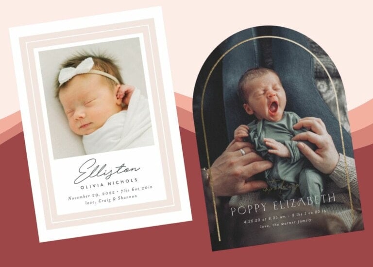 The image shows two birth announcement cards. The left card features a sleeping baby wearing a white bow and details for Elliston Olivia Nichols. The right card shows a yawning baby being held and includes details for Poppy Elizabeth, with a "Love, the Warner family" note. Both cards beautifully capture the joy of these birth announcements.