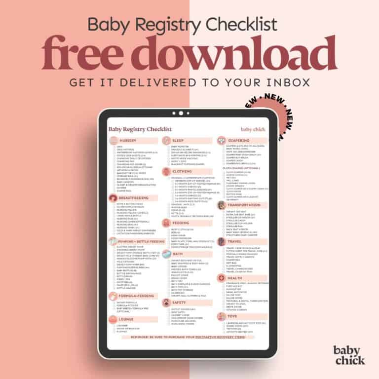 Tablet mockup of the Baby Chick Baby Registry Checklist with categories like nursery, breastfeeding, sleep, clothing, and more. Text overlay reads &ldquo;Baby Registry Checklist Free Download &ndash; Get it delivered to your inbox.&rdquo;