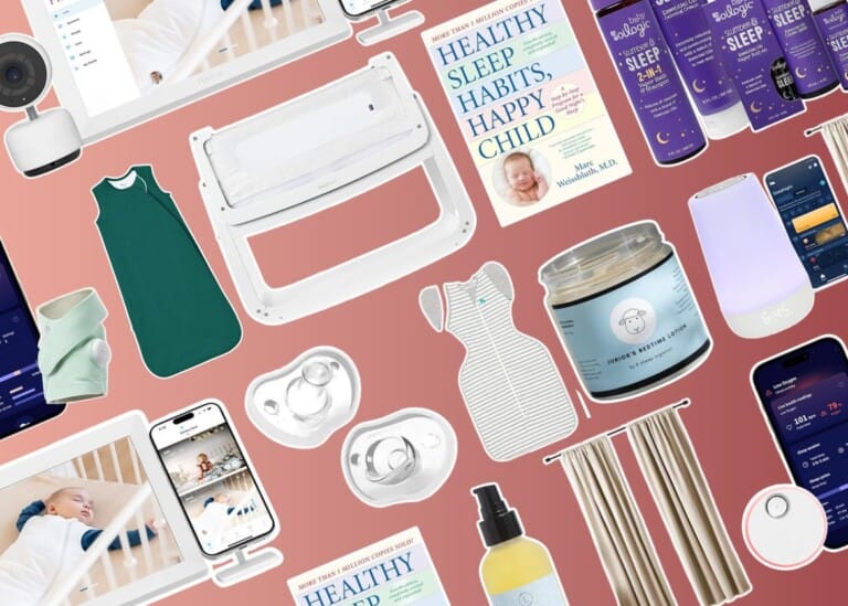 Collage of the best baby sleep products, featuring monitors, pacifiers, a book titled Healthy Sleep Habits, Happy Child, sleep sprays, lighting devices, and a smartphone app for tracking. The backdrop is a soothing gradient of pink and beige.