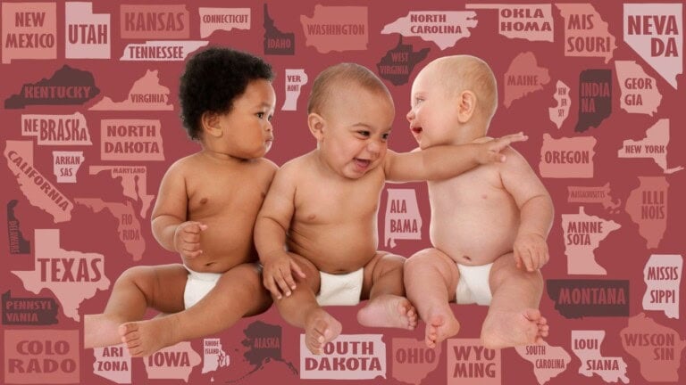 Three babies, perhaps named after popular baby names by state, sit in front of a stylized map of the United States. The map displays state names in bold text on a red background, creating a playful scene as each baby joyfully interacts with the others.