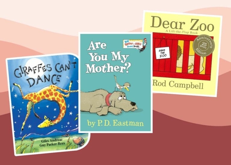 Three children's books, among the best books for 2 year olds, are displayed against a red and pink background.