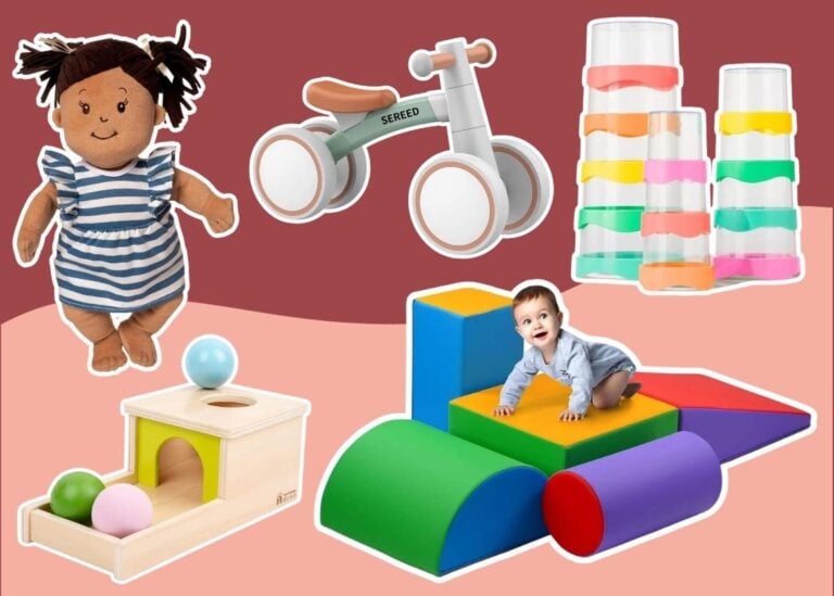 Collage of toys for 1 year old on a two-tone pink background. Toys include a doll in a striped dress, a ride-on bike, stack of colorful cups, wooden shape sorter with balls, and a baby climbing a foam playset. Perfect toddler girl toys and toddler boy toys for endless fun!