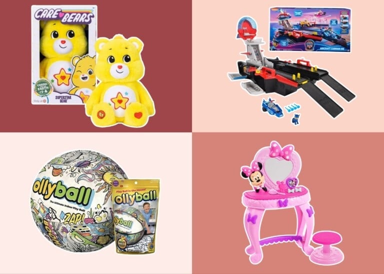 A collage of four toys for 4 year olds. Top-left: Care Bears plush toy. Top-right: Hot Wheels playset. Bottom-left: Ollyball toy ball with packaging. Bottom-right: Minnie Mouse vanity set with a pink stool and mirror, perfect toys for 4 year old girls.