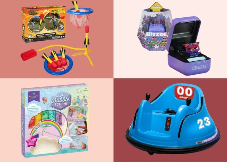 The image displays four toys perfect for 5-year-olds: a Catch and Score basketball game set, a Bitzee interactive digital pet in its packaging, a Magic Mixies Bubble Potions set, and a blue bumper car with the number 23 on it for kids. The background features two-tone pink and red quadrants.