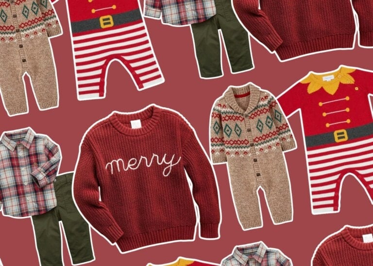 A pattern composed of various winter-themed children's clothing items on a red background. The items include cute Christmas outfits like red and white striped pajamas, knitted sweaters with holiday designs, a red sweater with merry printed on it, and plaid shirts with green pants.