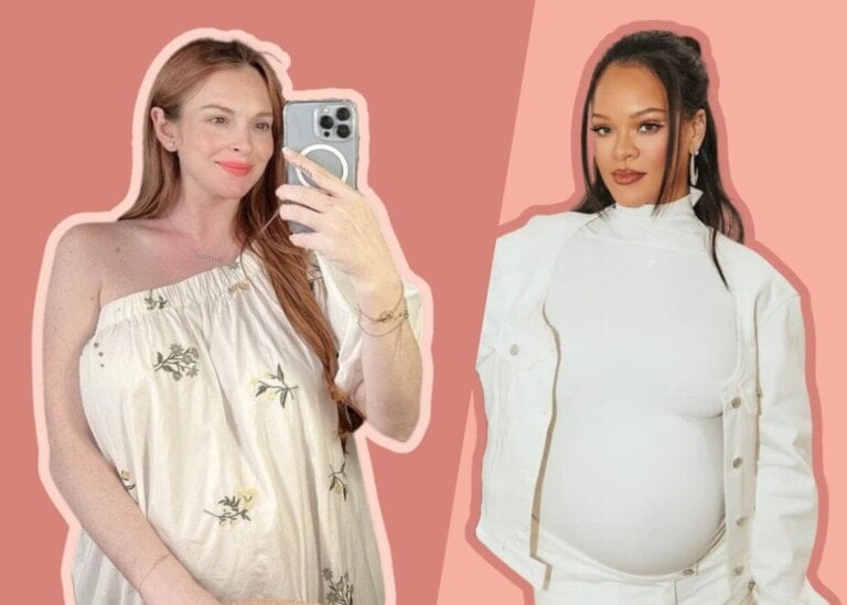 Two women are depicted in the image. The woman on the left is taking a mirror selfie, wearing an off-the-shoulder floral dress. The woman on the right is facing forward, showcasing her maternity fashion in a white outfit and holding her pregnant belly. The background is split between two shades of pink.