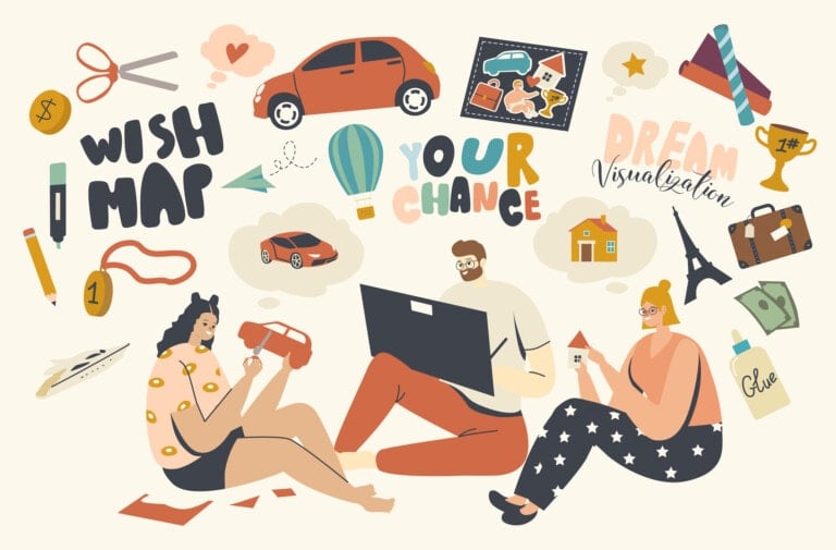 Three people sit on the floor, exploring vision board ideas while creating a wish map with various items and icons around them. One person holds a laptop, another person holds a cut-out car, and a third person wields scissors and paper. Icons include travel, trophies, houses, and money.