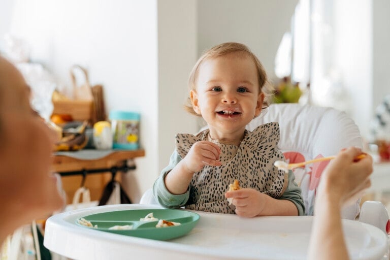 A young child sits in a high chair, smiling while holding a piece of food. The child is wearing a bib and being fed with a spoon by an adult. The high chair has a divided plate with various foods on it, suggesting recipes to make baby meals fun and nutritious. The background shows a kitchen setting.