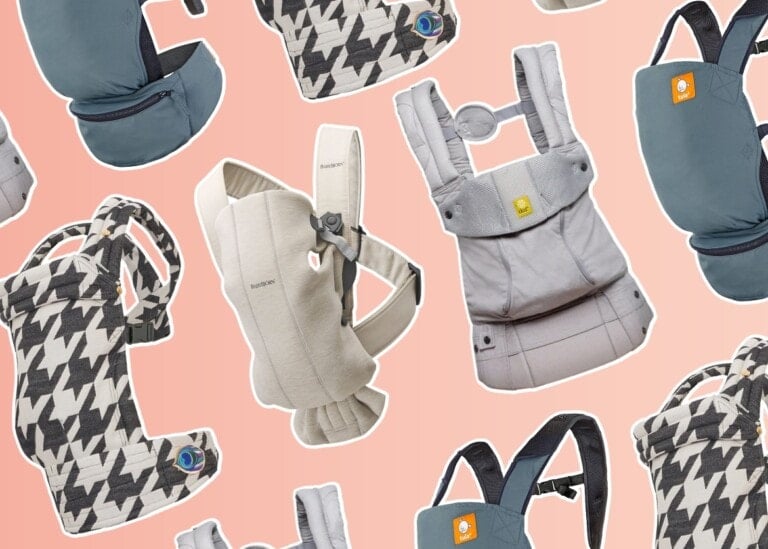 A variety of baby carriers are displayed against a peach-colored background. The carriers come in multiple designs and colors, including gray, black and white houndstooth, and beige. Some baby carriers have padded straps and various buckle configurations.