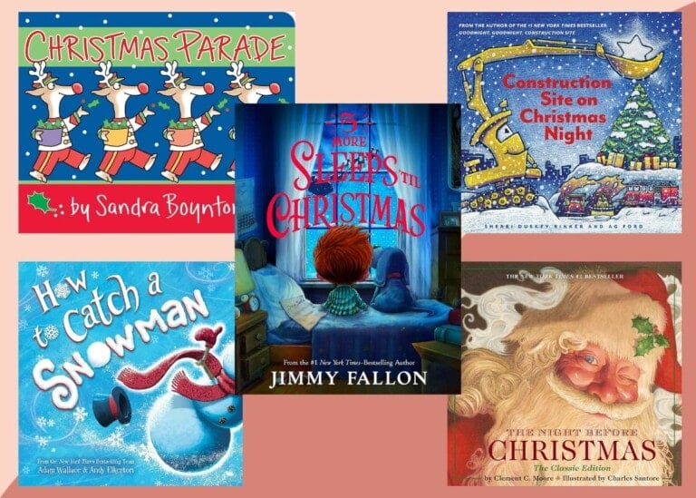An image showing the covers of five Christmas-themed children's books arranged on a reddish background.