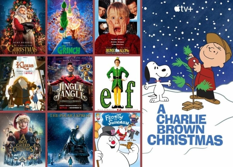 A collage of nine Christmas movies for kids posters, arranged in a 3x3 grid. Movies include: A Boy Called Christmas, The Polar Express, Jingle Jangle, Elf, Home Alone, Klaus, The Grinch, Frosty the Snowman, and A Charlie Brown Christmas.