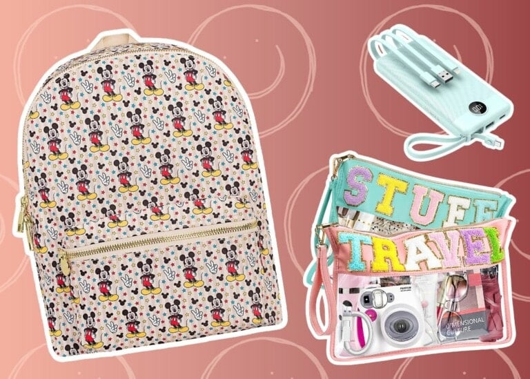 The image displays a beige backpack with Mickey Mouse print, a mint green portable charger with a USB cord, and a clear crossbody bag. the perfect essentials for any Disney World packing list. The background is gradient pink with circular patterns.