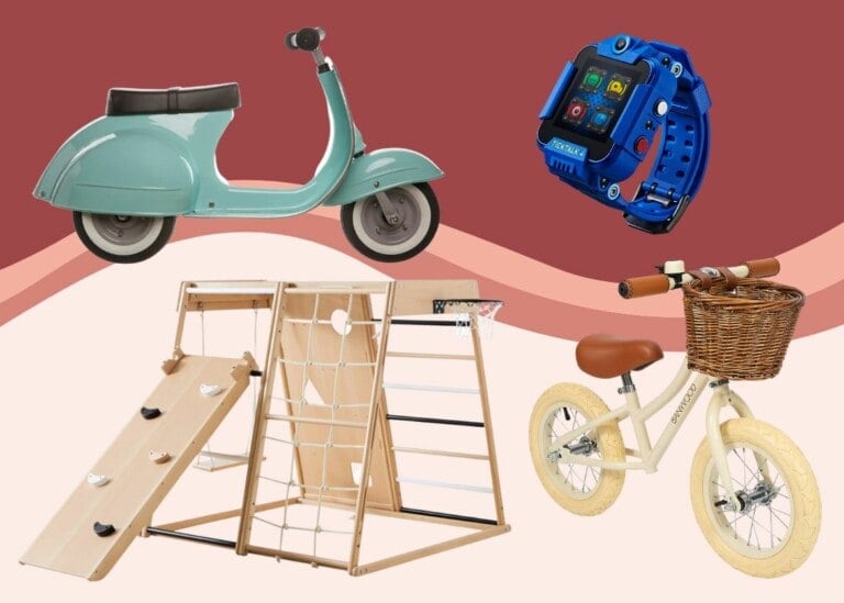 A collage featuring splurge-worthy children's items: a teal Vespa-style scooter, a blue smartwatch, a wooden climbing playset with a slide and net, and a beige balance bike with a wicker basket on the front. The background has a wavy design in shades of red and pink.