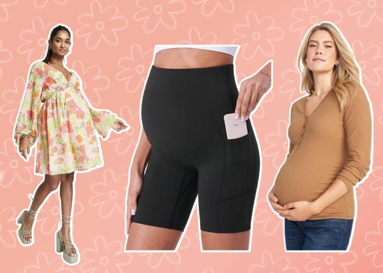 Collage of affordable maternity clothing featuring a woman in a floral dress, a pair of black maternity shorts with a phone in the pocket, and a woman wearing a brown long-sleeve top while holding her pregnant belly. The background is a peach color with a floral pattern.