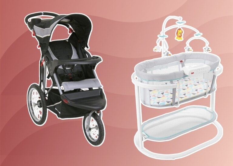 A composite image showing a black baby stroller with three large wheels on the left and a gray baby bassinet with a mobile featuring stuffed animals on the right. Highlighting budget-friendly baby items, the background is a gradient of shades of red.