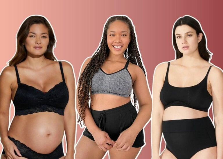 Three pregnant women are shown wearing the best maternity bras against a gradient background. The first woman wears a black lace bra, the second sports a grey sports bra with black shorts, and the third features a plain black bra with matching underwear.