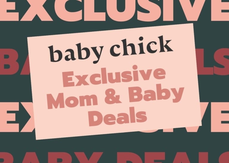 A rectangular sign with a dark green background features the text Baby Chick in black and Exclusive Mom and Baby Deals in pink.