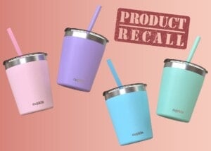 Image showing four colorfully designed cups with straws, each labeled Cupkin, in pink, purple, blue, and mint green on a gradient background. The words PRODUCT RECALL are stamped in bold, distressed lettering in the top right corner.