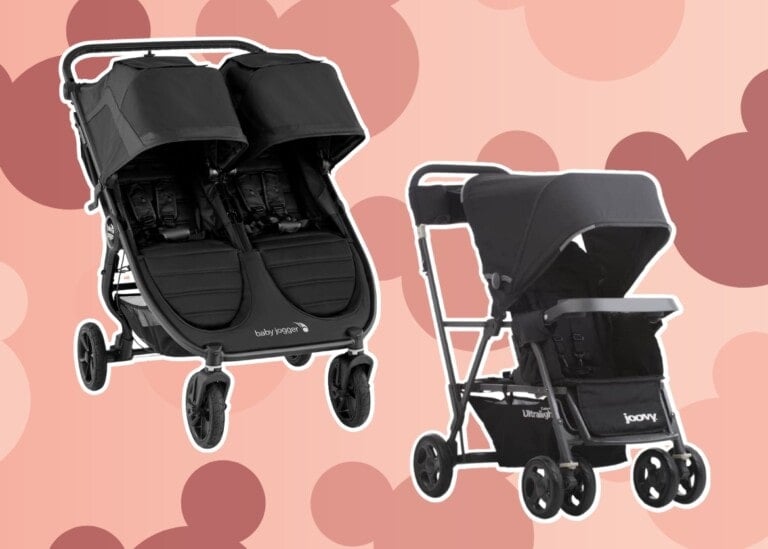 The image shows two black twin strollers against a pink background with heart shapes. The stroller on the left is a side-by-side model with the brand name "baby jogger," while the one on the right is a tandem model by "Joovy," both among the best strollers for Disney that comply with Disney stroller rules.
