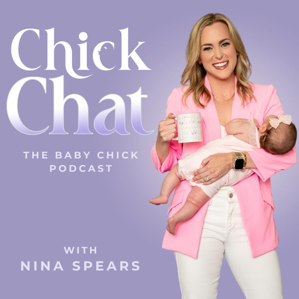 A person wearing a pink blazer holds a baby chick and a white mug. The text reads "Chick Chat: The Baby Chick Podcast with Nina Spears" on a purple background.