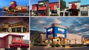 Here is your text with all single and double quote characters removed: Collage of six casual dining restaurant exteriors—including Dennys, Chilis, Red Lobster, Millers Ale House, Red Robin, and IHOP—each with unique signage and architecture. Some locations even offer kids eat free specials.