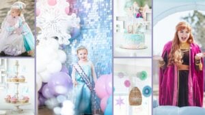 Collage of images from a Frozen birthday party with different scenes. Includes a girl in a blue dress and tiara, a cake with Frozen decorations, a woman in a purple dress, a tiered dessert tray, and festive decor with balloons and paper snowflakes.