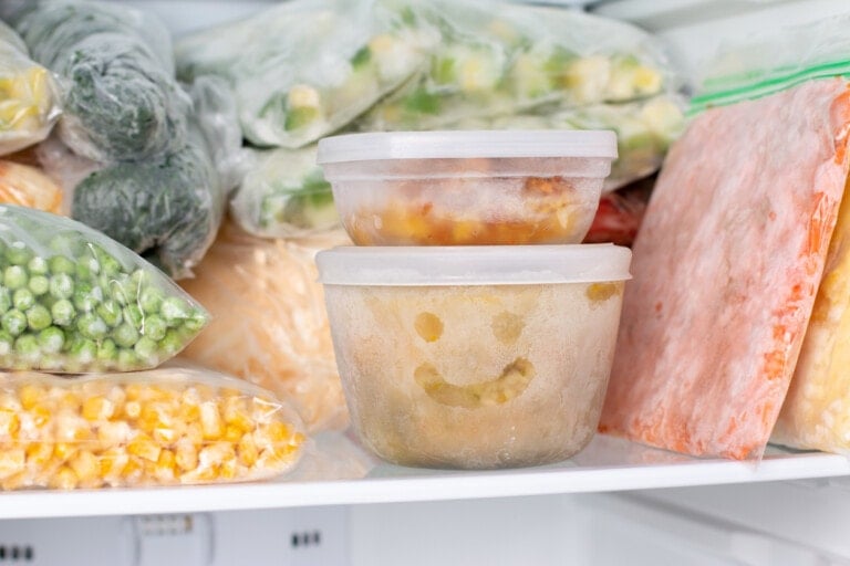 A close-up view of a well-organized freezer showcases various frozen foods, including bags of vegetables and neatly stacked plastic containers. One container has a smiley face drawn in the frost on its surface, highlighting the thoughtful preparation of postpartum freezer meals.