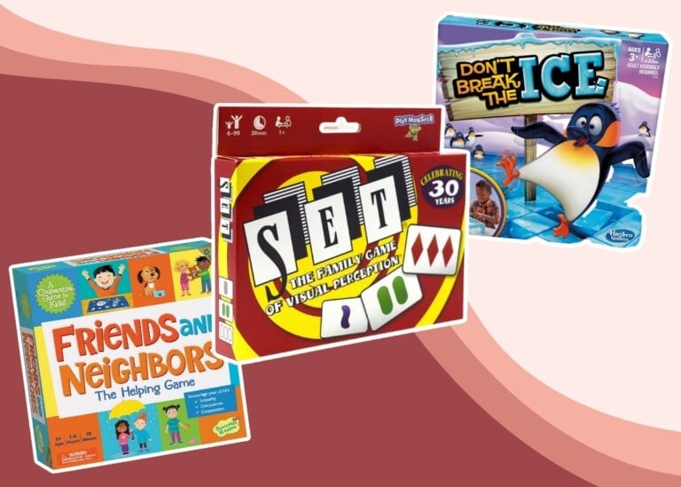 A collage of three learning games on a wavy background.