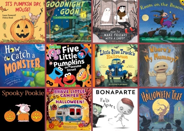 A grid of 12 children's halloween books for kids covers. Each showcasing varied Halloween imagery.
