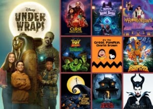 A collage of Halloween-themed movie posters showcases some of the best Halloween movies for kids.