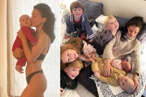 The image features two photos. The left photo shows Hilaria Baldwin in black underwear holding and kissing a baby. The right photo shows the same woman lying on a bed with five children, including the baby, smiling and interacting with each other.