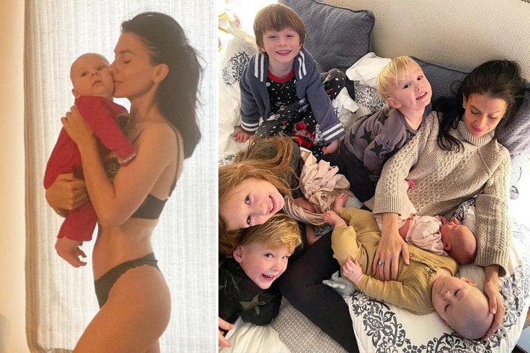 The image features two photos. The left photo shows Hilaria Baldwin in black underwear holding and kissing a baby. The right photo shows the same woman lying on a bed with five children, including the baby, smiling and interacting with each other.