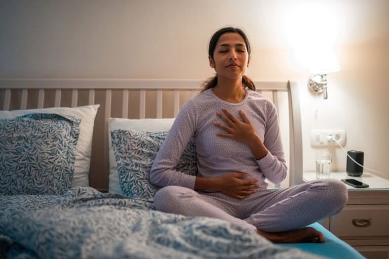 A person in pajamas sits cross-legged on a bed, eyes closed, with one hand on their chest and one on their abdomen. A lit lamp, a glass of water, and an alarm clock are on the nightstand beside the bed.