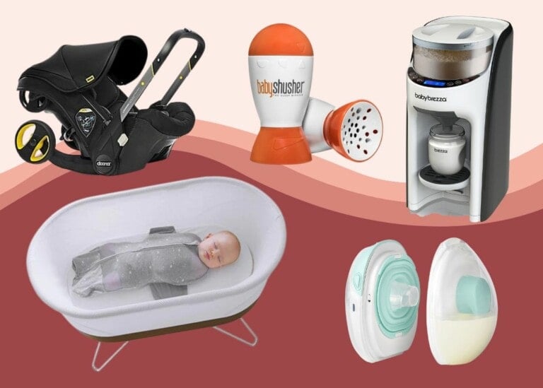 A collage of innovative baby products includes a car seat, an orange and white Baby Shusher device, a Baby Brezza machine, a baby sleeping in a bassinet, and a breast pump. The background is a gradient of light red and pink.