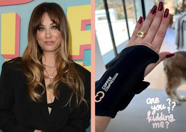 A woman, resembling Kaley Cuoco, poses in a black outfit with long, wavy hair and a subtle facial expression against a colorful background. Another image features a hand in a black compression wrap with red painted nails and various rings, alongside the text are you ?? kidding me?