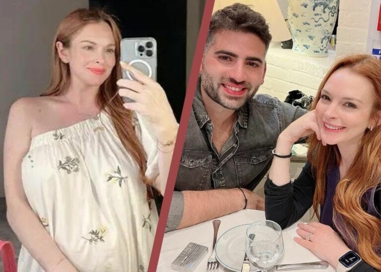 A young woman with long red hair, who bears a striking resemblance to Lindsay Lohan, is taking a selfie in a white floral dress on the left side of the split image. On the right side, the same woman is seated at a table in a restaurant, smiling with a man wearing a dark shirt.