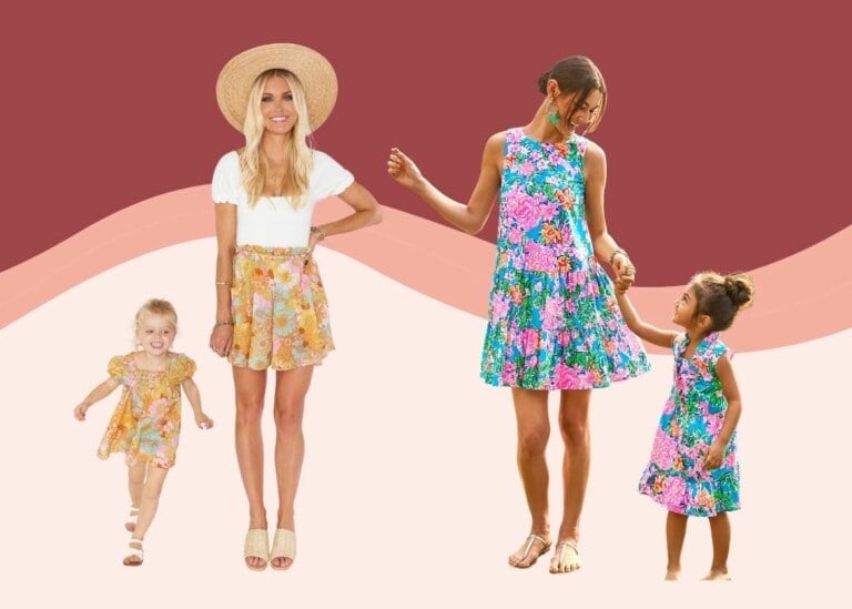 The image shows two women and two children dressed in summer attire. The woman on the left wears a white top and floral skirt, holding hands with a child in a similar dress. The woman on the right sports a floral dress, holding hands with a child in matching mommy and me outfits.