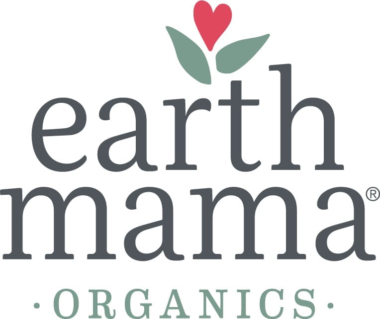 Earth Mama Organics logo featuring the brand name in gray lowercase letters with a stylized heart-shaped flower above and the word 'Organics' below in green uppercase letters, evoking a sense of calm akin to lying-in after childbirth.