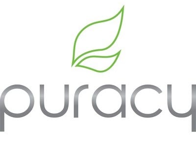 The image displays the Puracy logo, which features two green leaves above the word "puracy" written in a sleek, modern font, perfectly capturing its essence as a brand known for natural cleaning products.