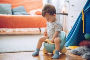 A toddler is seated on a potty in a living room with a wooden floor. The child is wearing a patterned shirt and blue socks. There is an orange sofa and cushions in the background, along with a blue play tent and children's toys on the floor—a scene that dispels many myths about potty training complexities.