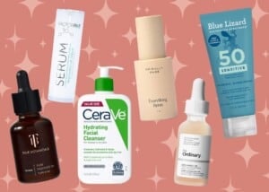 A collection of pregnancy safe skincare products on a pink star-patterned background. Includes a serum, facial cleanser, everything spray, sunscreen, and two other skincare bottles, each varying in brand and size.