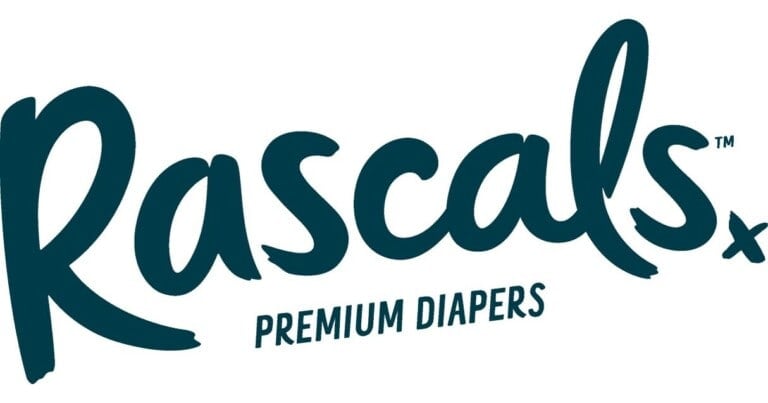 A logo showcases Rascals Premium Diapers with Rascals in a large, cursive style and Premium Diapers in smaller, uppercase letters beneath it. The text is dark teal against a crisp white background.
