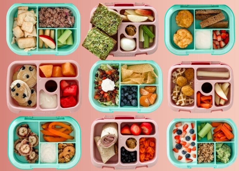 A grid of three rows and three columns showing different colorful bento lunchboxes filled with various foods such as fruits, vegetables, sandwiches, wraps, muffins, yogurt, and dips. These open lunchboxes reveal a variety of kids' school lunch ideas sure to delight little ones.