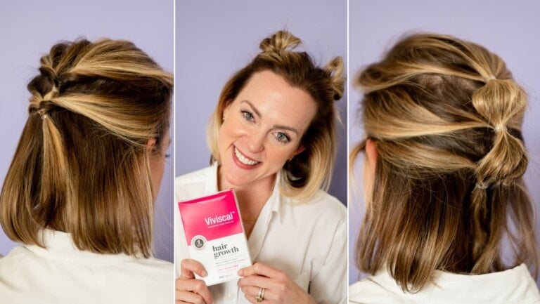 The image is a triptych of a woman with shoulder-length hair styled in various ways. The central image shows her smiling and holding a box of Viviscal hair growth supplements. The side images provide detailed views, showcasing her chic style and luxurious short hair from the back and side.