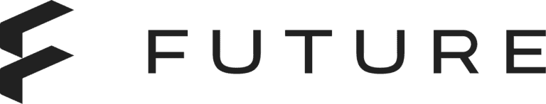 A black logo on a grey background features the word "FUTURE" in capital letters with a stylized 'F' design to the left. The 'F,' formed by two intersecting chevrons, creates a modern and dynamic appearance, perfectly embodying the innovative spirit of the FUTURE app.