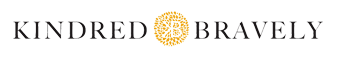 The image displays the company logo for Kindred Bravely. The logo consists of the company name written in an elegant serif font, with the words "KINDRED" and "BRAVELY" separated by a circular floral design in yellow, much like their Kindred Bravely postpartum underwear line—elegant and thoughtfully designed.