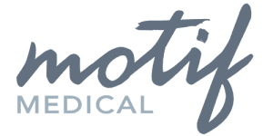 Gray-scale image of the Motif Medical logo. The word "motif" is written in a stylized, cursive font, while the word "MEDICAL" is in a smaller, capitalized sans-serif font positioned below the cursive text. Perfect for those looking to advertise with baby chick imagery for added warmth and charm.