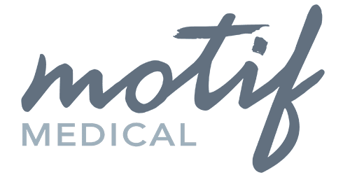 The image features the logo of Motif Medical. The word "motif" is written in a stylized, cursive script in a gray-blue color, while the word "MEDICAL" below it is in uppercase, block letters of the same color. The background is transparent. This logo often appears on products like the Luna breast pump.